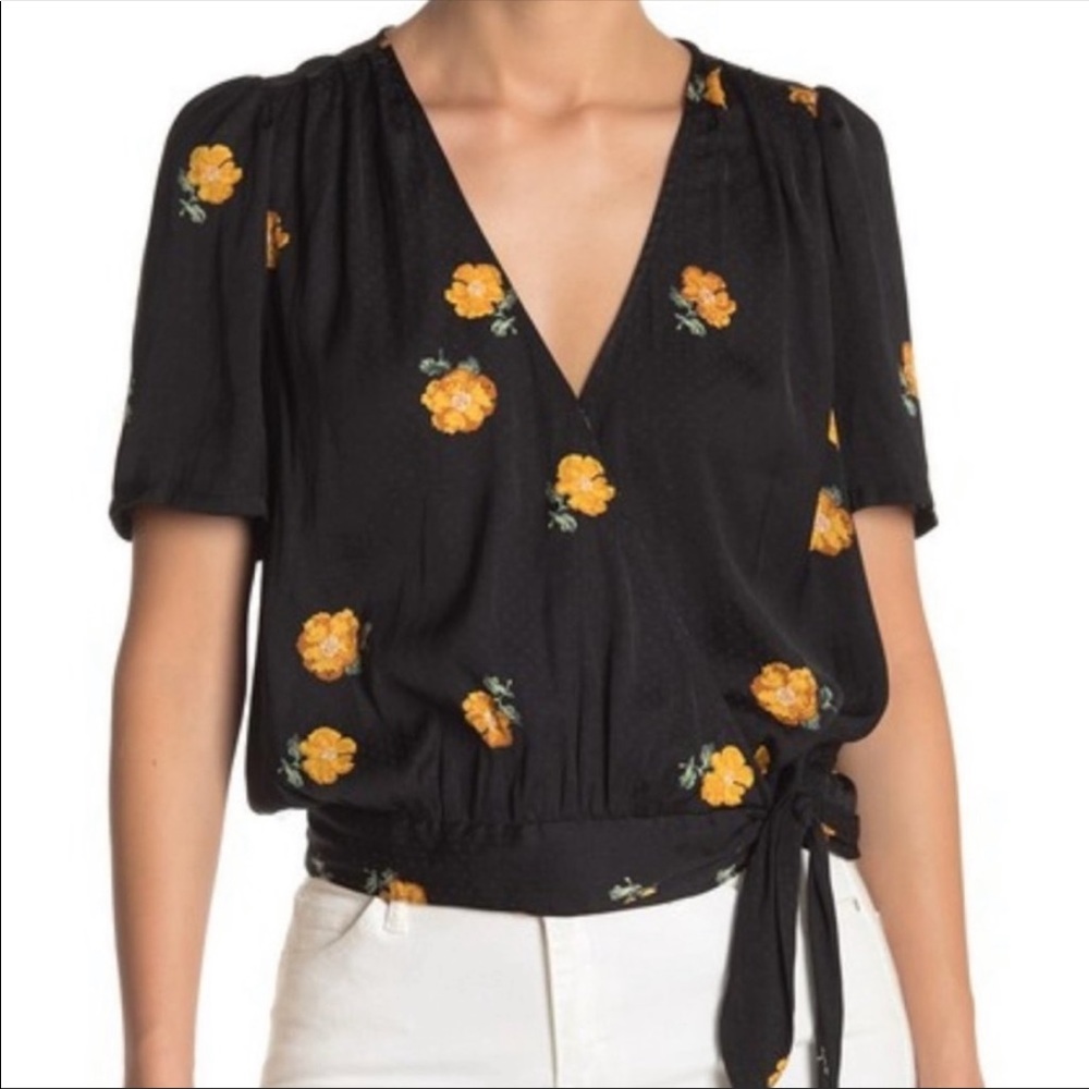 Madewell satin wrap short sleeve black and marigold print blouse